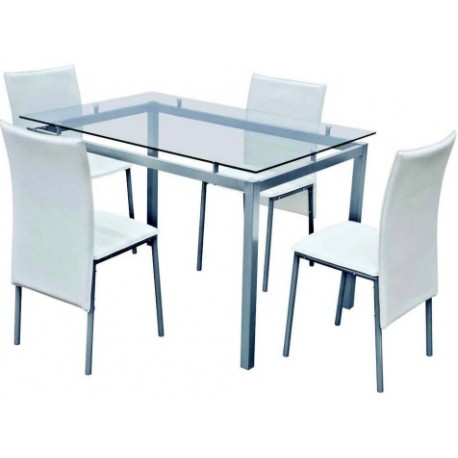 set tavolo acciaio-cristallo 120x80 + 4 sedie pelle bianca